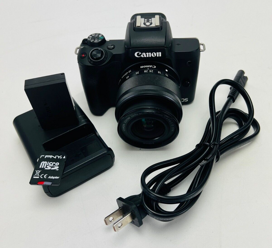 Canon EOS M50 Mark II 24.1MP Mirrorless Camera - Black With 64gb SD , Batt&Charg